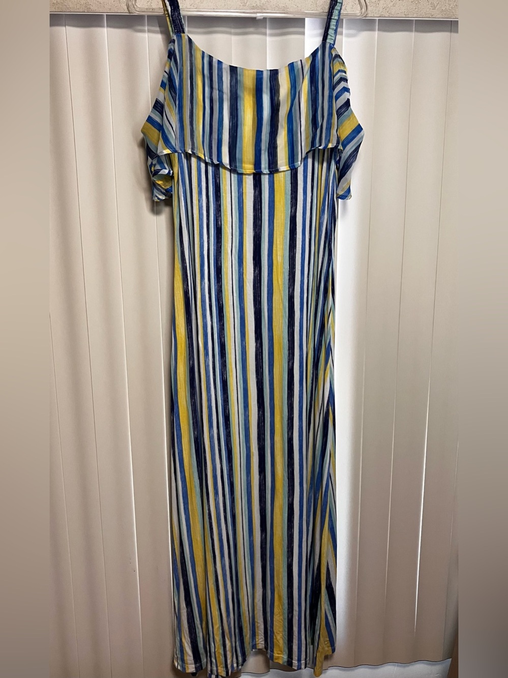 Striped Off-Shoulder Maxi Dress in Blue, Yellow and White